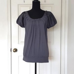 Express Cotton and Modal Ruffle Neckline Loose Fit Blouse w/Silk Sleeve and Trim